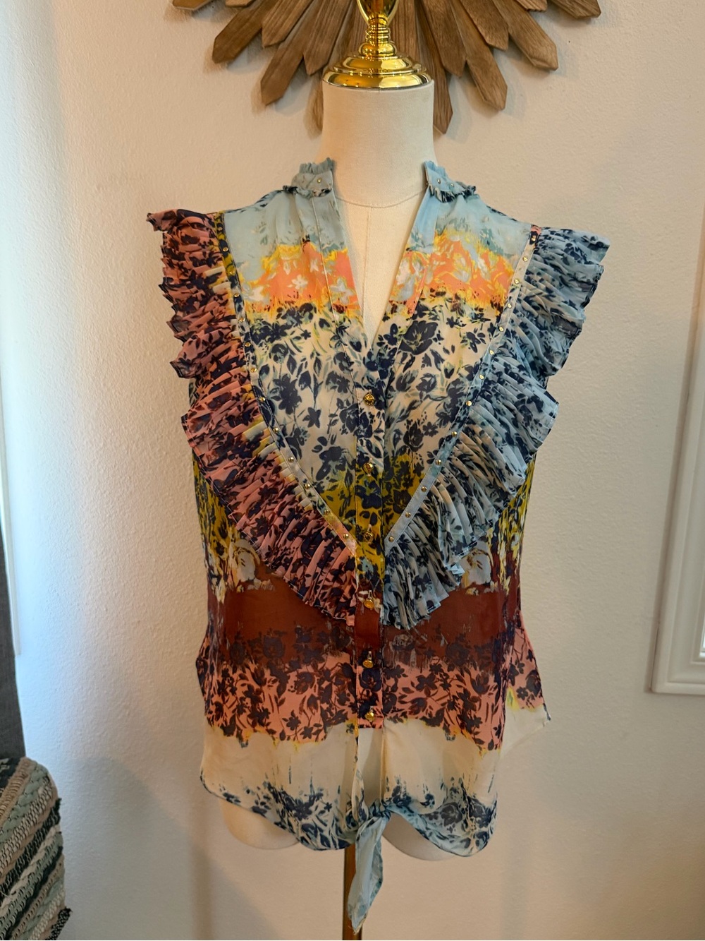 Bebe Y2K Sheer Floral Ruffle Studded Tie Front Blouse Small